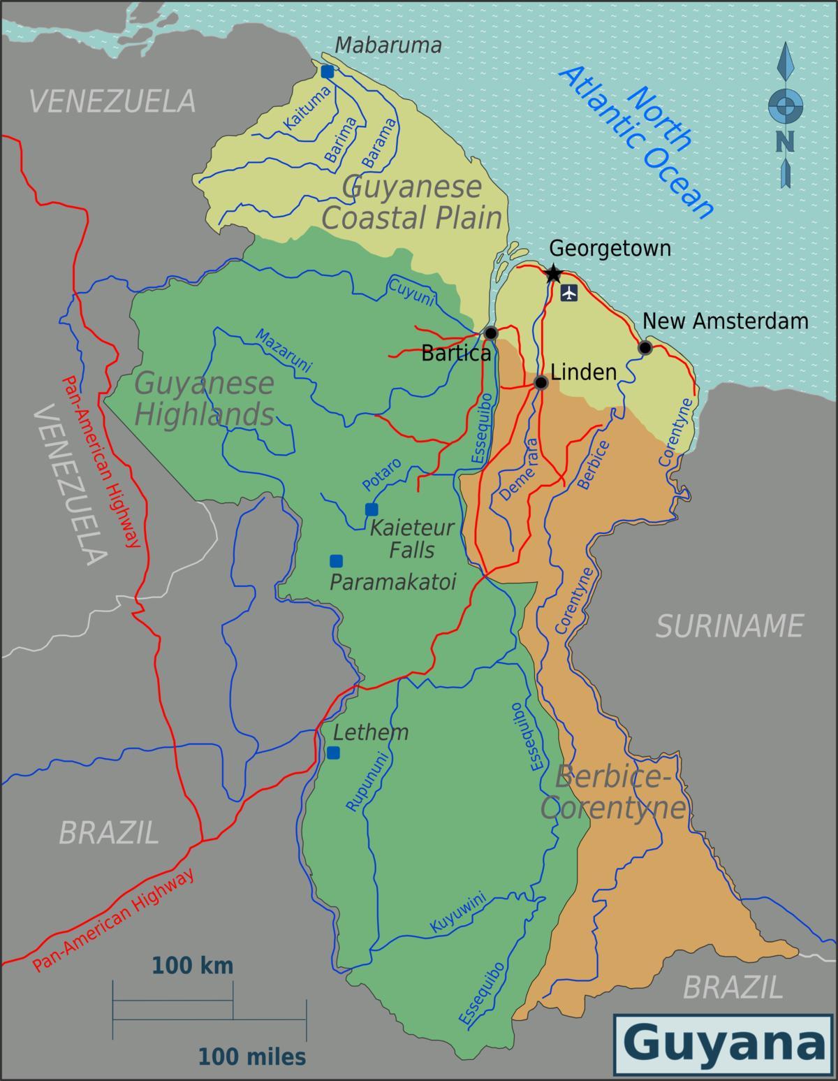 rytų pakrantės demerara Gajana žemėlapyje