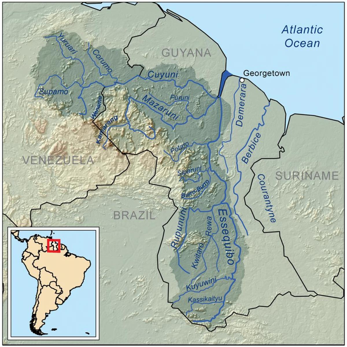 žemėlapis Gajana kurioje rodomi trys pagrindinės upės