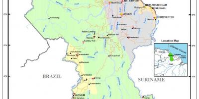 Žemėlapis Gajana, rodančius, kad 4 gamtiniai regionai