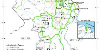 Žemėlapis Gajana kuriame dešimt administracinių regionų
