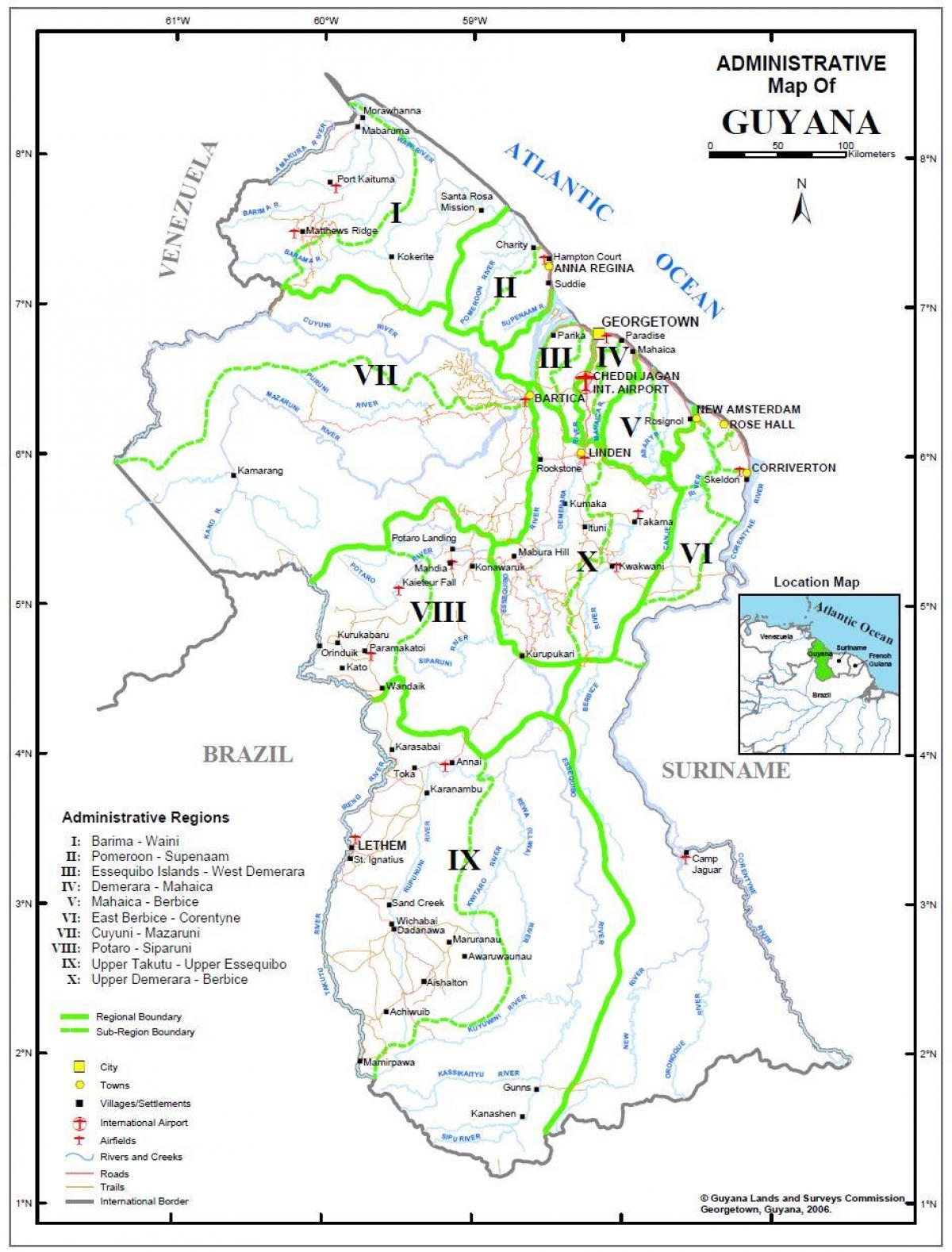 žemėlapis Gajana kuriame dešimt administracinių regionų