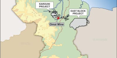 Žemėlapis Gajana kuriame mineralinių išteklių